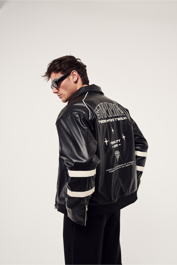 مطبوع حواف أسطوانية سترة جلدية - 2