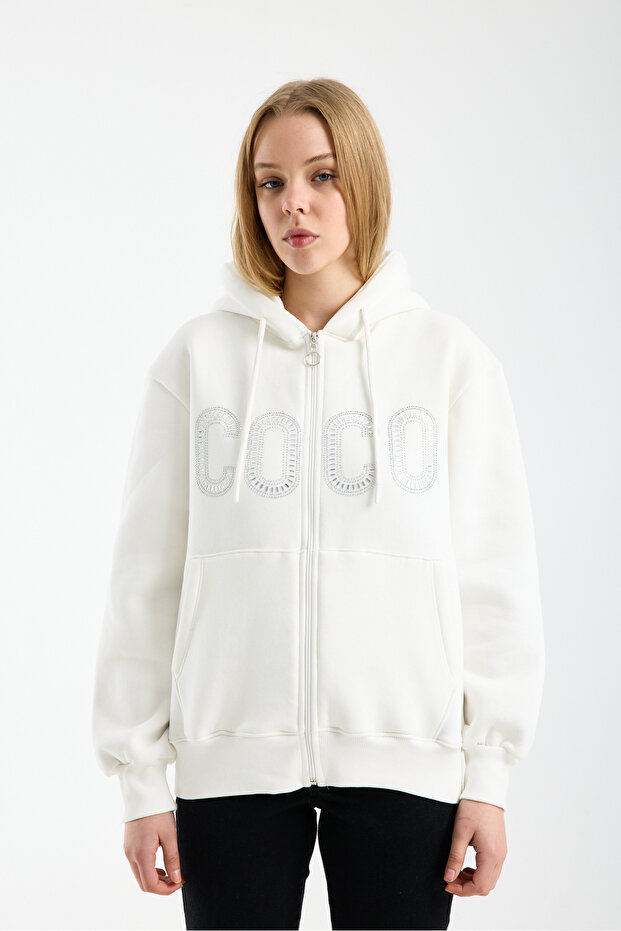 Women's Tops Stone Printed Hooded Kangaroo Pocket Zippered Three Thread Sh Fleece-Lined O Oversized Sweatshirt