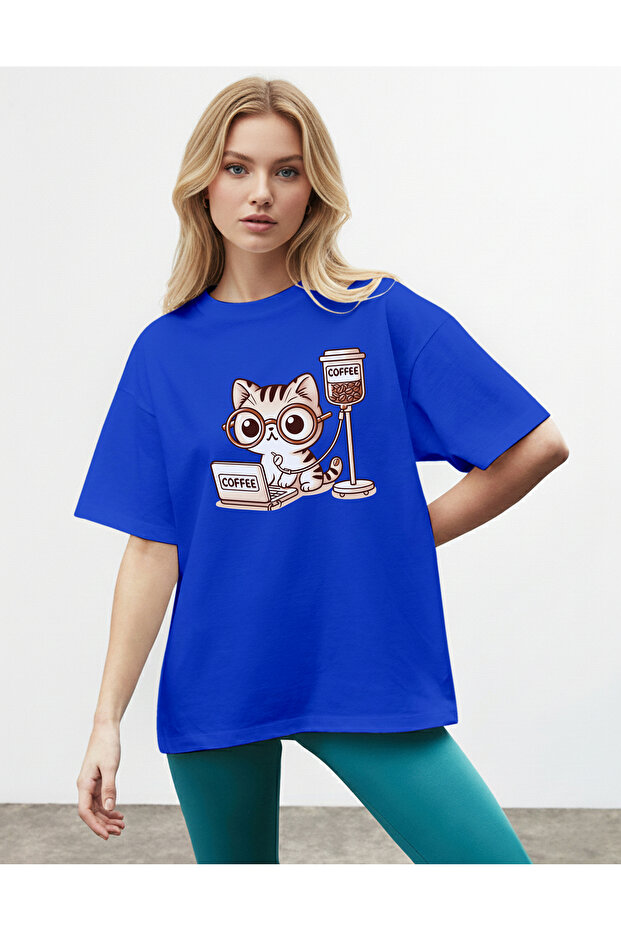Women's Cat Printed Crew Neck Cobalt Blue T-Shirt