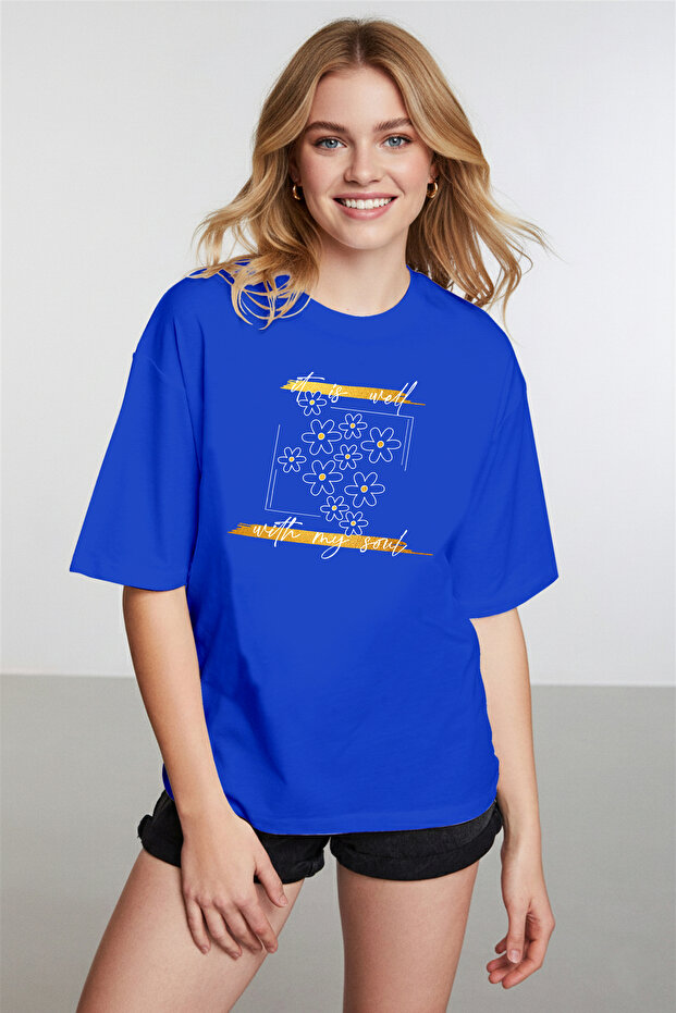 Women's Daisy Patterned It Is Well Written Crew Neck Cobalt Blue T-Shirt