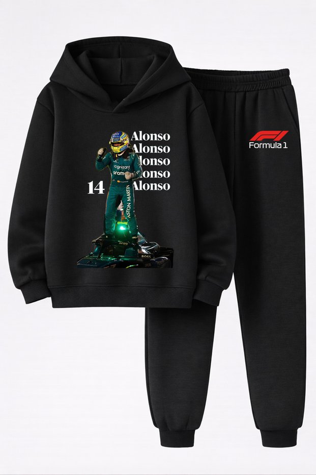 Fernando Alonso Printed 3-Ply Quality Sweatshirt and Trackpants F1 Children's Top-Bottom Set