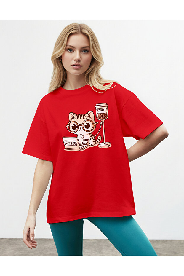 Women's Cat Printed Crew Neck Red T-Shirt