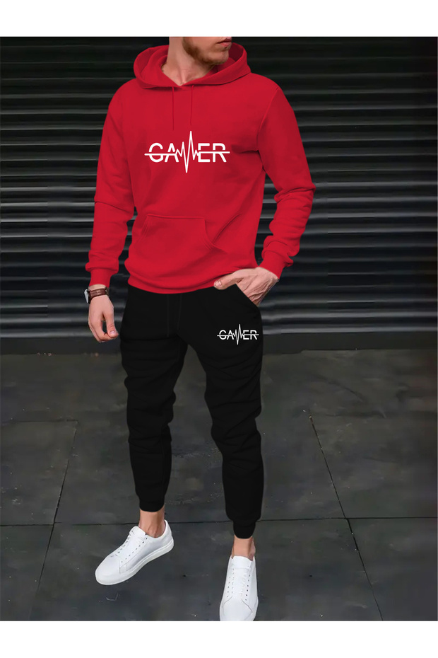 Men's Gamer Printed Comfortable Fit Hooded Pocket Top Jogger Elastic Cuff Bottom Tracksuit Set
