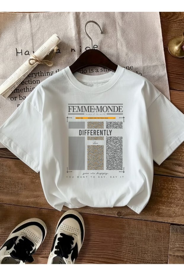 Women's Femme Printed Crew Neck White T-Shirt