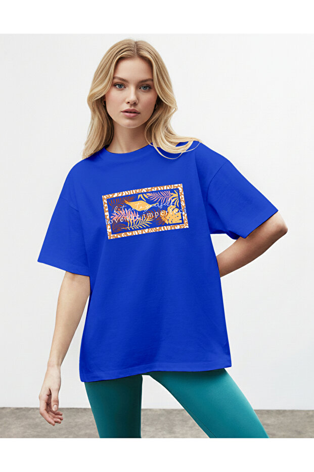 Women's Leopard Palm Printed Crew Neck Cobalt Blue T-Shirt