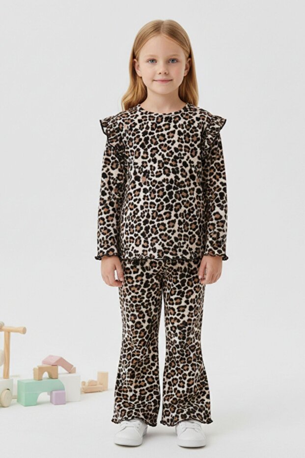 Girls' Leopard Crew Neck Ruffled Relaxed Fit Soft Textured Stylish Set - Girls' Set