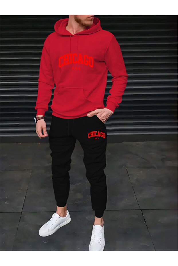 Men's Printed Lettering Relaxed-Fit Hooded Pocketed Top Jogger Elasticated Hem Bottom Tracksuit Set