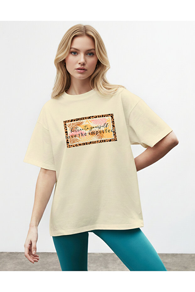 Women's Leopard Palm Printed Crew Neck Beige T-Shirt