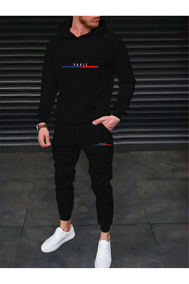 Men's Paris Printed Comfortable Fit Hooded Pocket Top Jogger Elastic Cuff Bottom Tracksuit Set