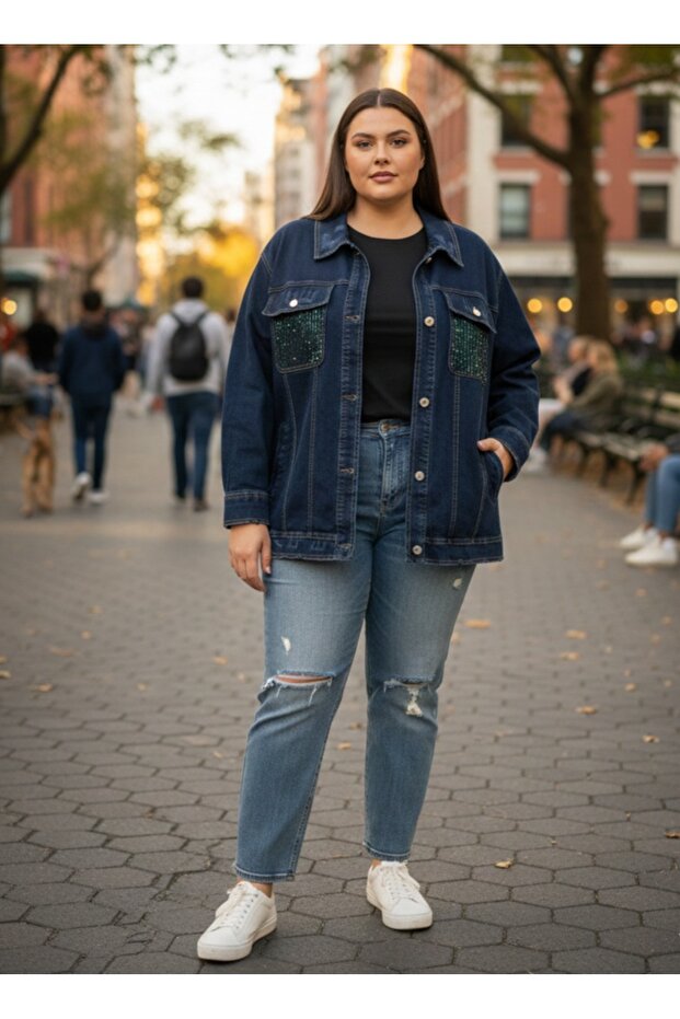 Plus size pockets multi stretch denim jacket with stone embellishment