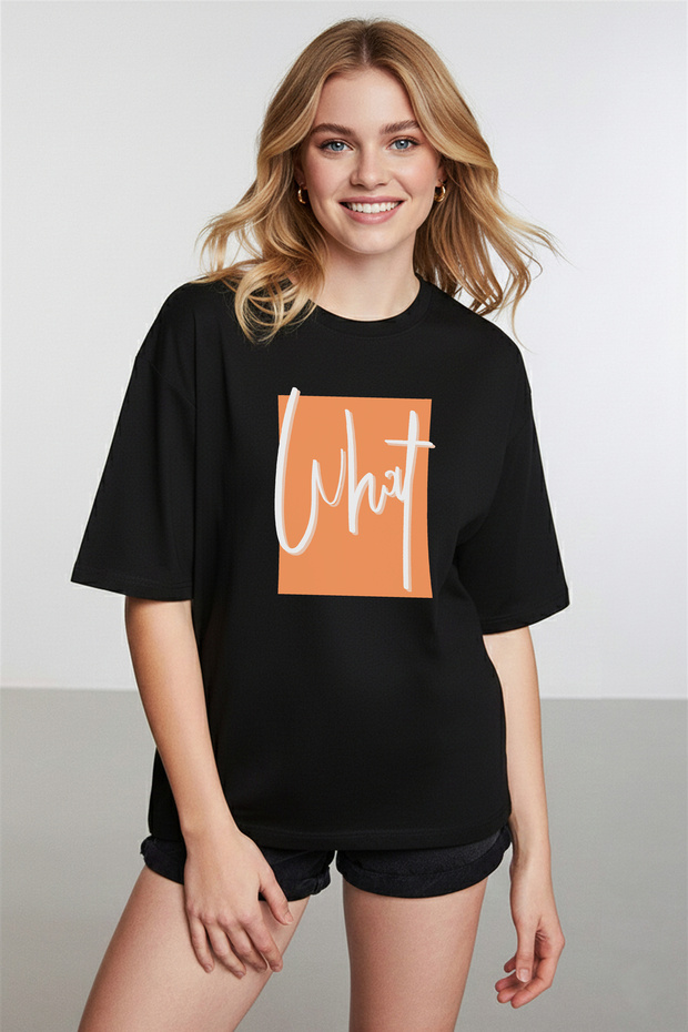Women's What Printed Crew Neck Black T-Shirt