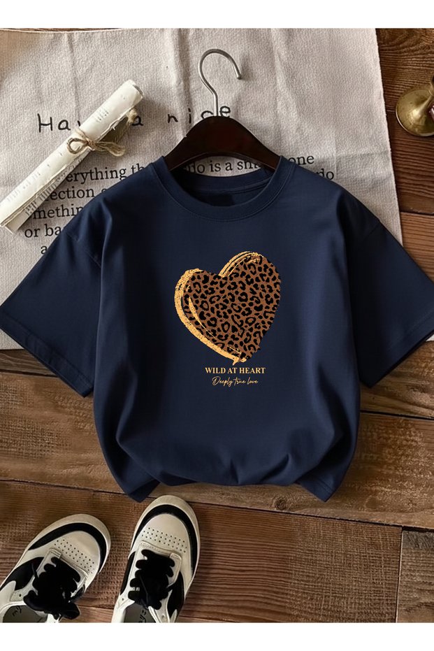 Women's Wild at Printed Crew Neck Navy Blue T-Shirt