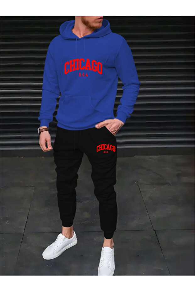 Men's Printed Lettering Relaxed-Fit Hooded Pocketed Top Jogger Elasticated Hem Bottom Tracksuit Set