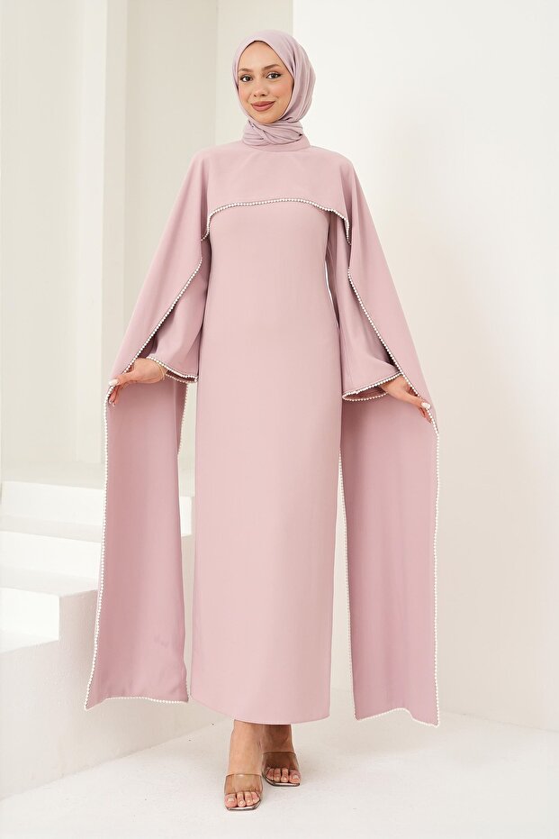 Powder Pearl Detailed Cape Evening Dress