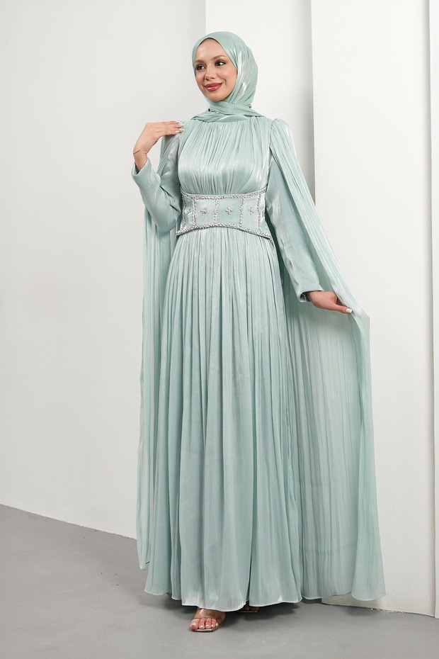 Mint Green Pleated Evening Dress with Stone Waist and Cape