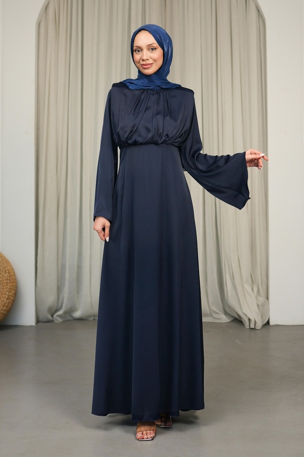 Navy Blue Off-The-Shoulder Shoulder Pad Satin Evening Dress