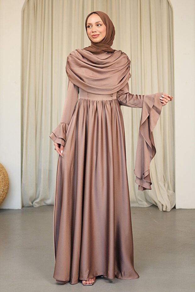 Dark Mink Sleeve Layered Front Draped Satin Evening Dress