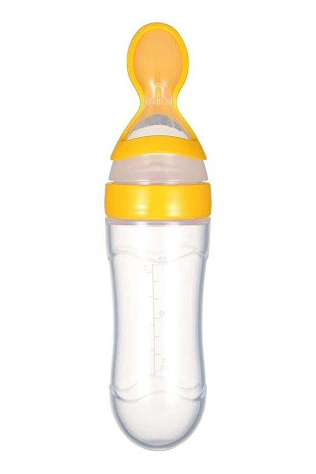 Leak Proof Food Dispensing Silicone Baby Feeding Bottle And Spoon - Yellow/Clear