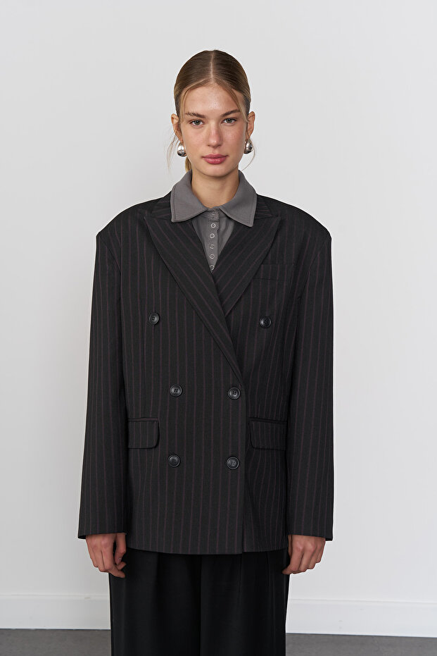 Çizgili Oversize Blazer Ceket - 3