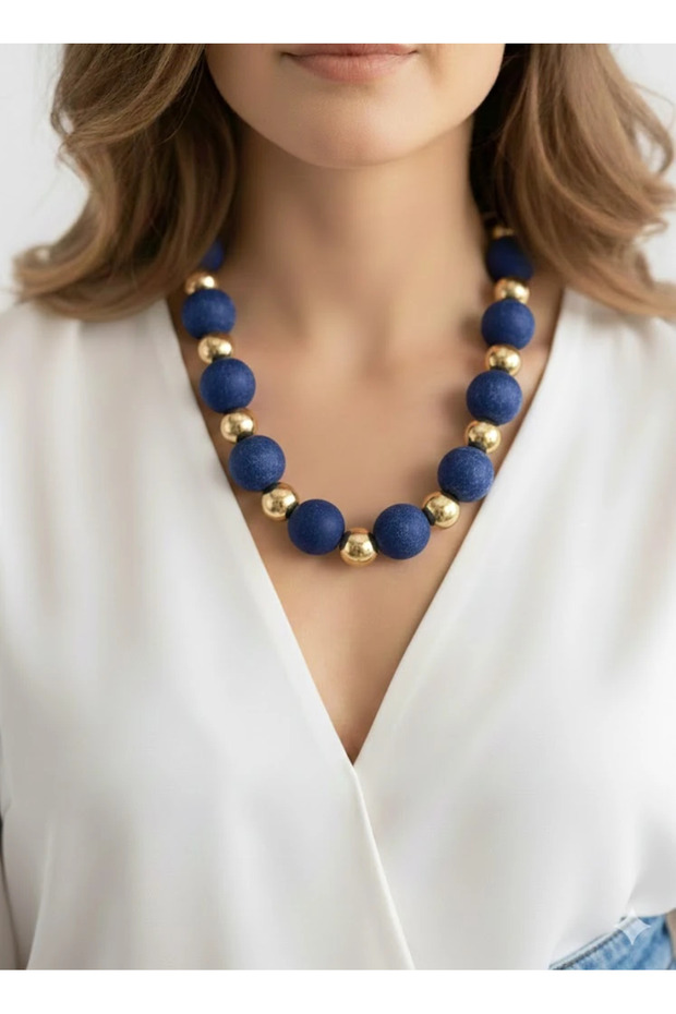 Wooden Bead Necklace Blue Gold Detailed Special Design Bijouterie Women's Necklace