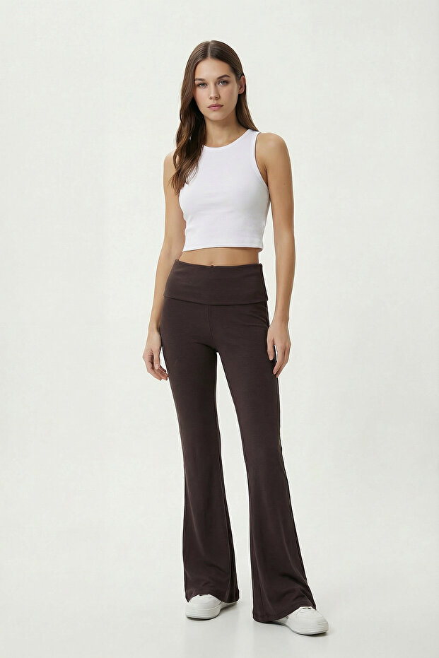 Folding Waisted Flared Knitted Trousers Lcr0105 Brown