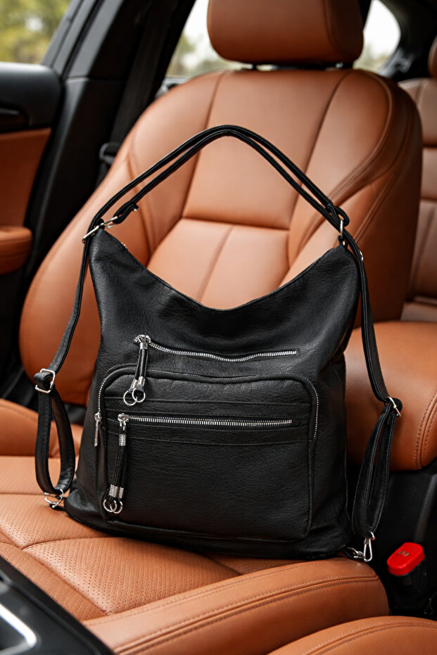 Women's Black Versatile Strappy Hand, Backpack and Shoulder Bag