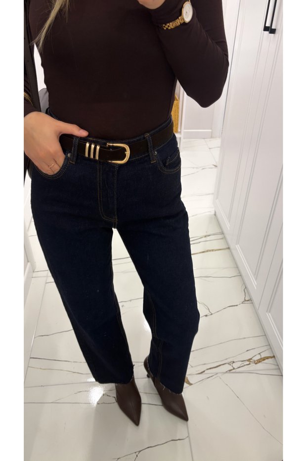 High Waist Raw Hem Self-Belted Jeans