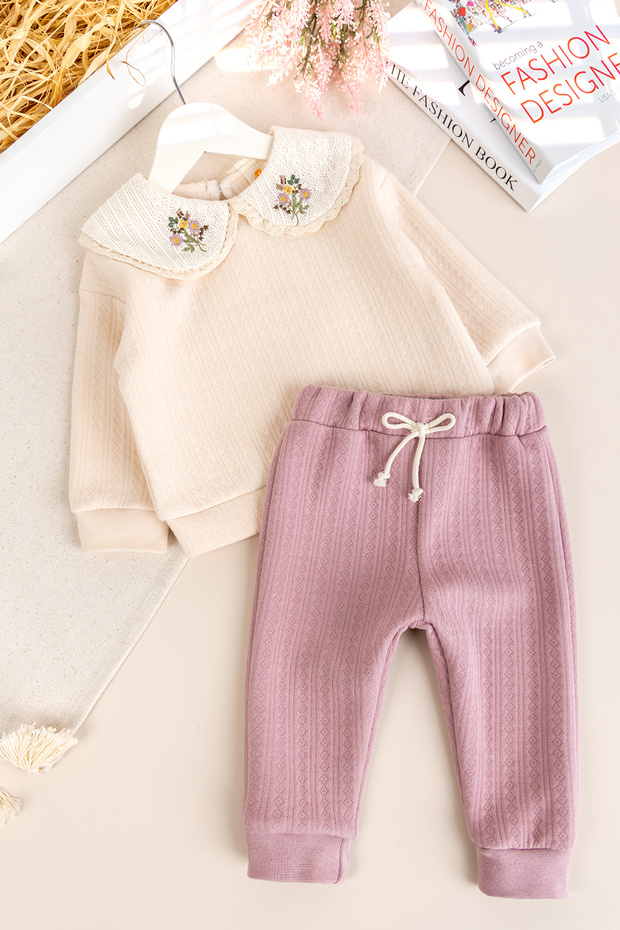 Peter Pan collar Floral Embroidered 2-Piece Baby Girl Set