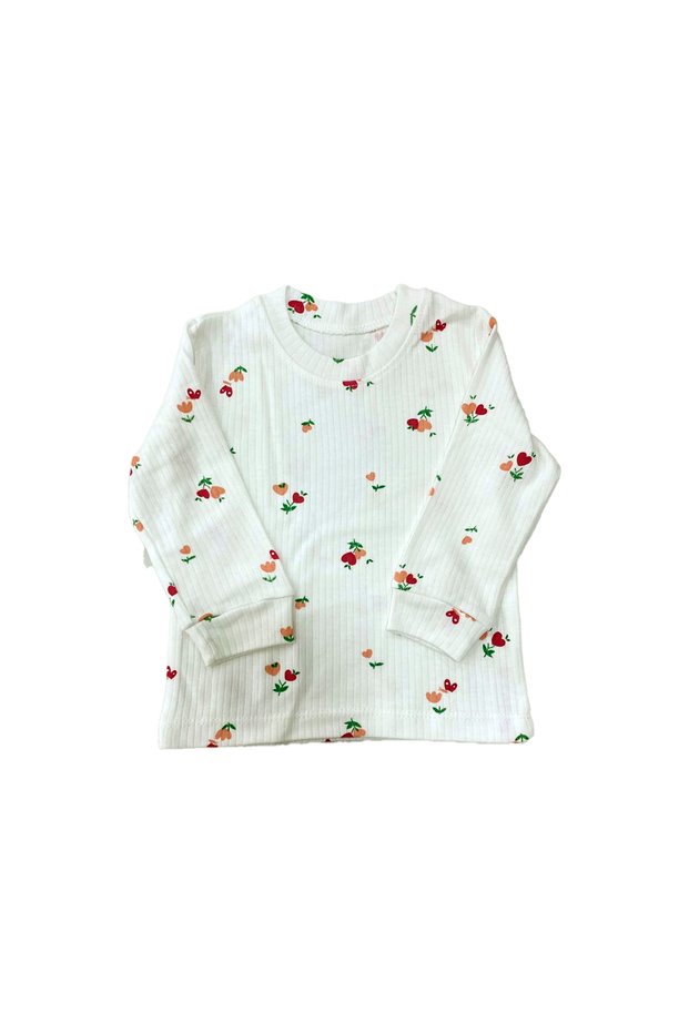 Baby Girl Floral and Heart Pattern Ribbed Long Sleeve T-Shirt Cotton Top