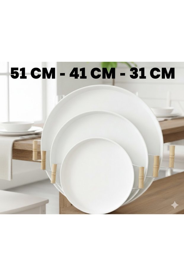 Modern Nordic Series 3-Piece Metal Presentation Tray Set - White Tray with Wooden Handle (51-37-30 cm)