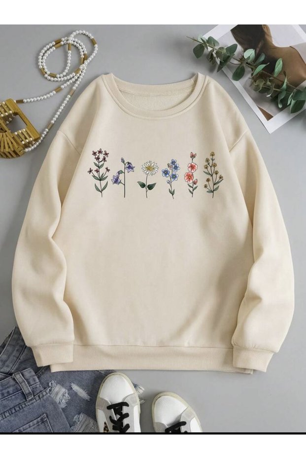 Six Flowers Printed Girls Winter Children's Sweatshirt Beige