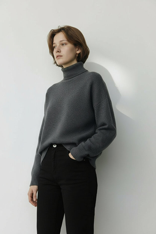 Anthracite Turtleneck Basic Knit Sweater - 3