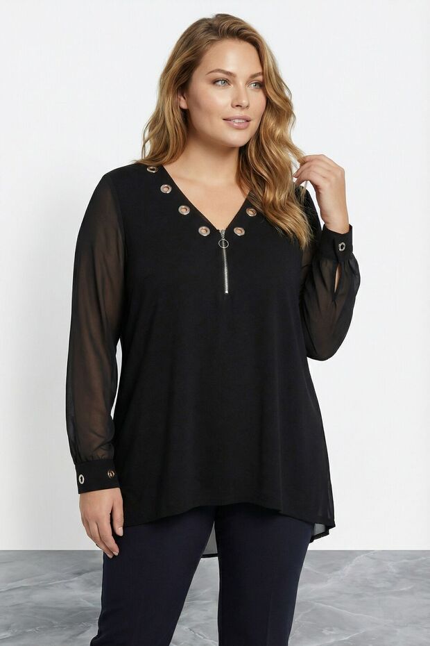 Plus Size Front Zipper Bird Eye Detail Sleeves Tulle Black Blouse 110880