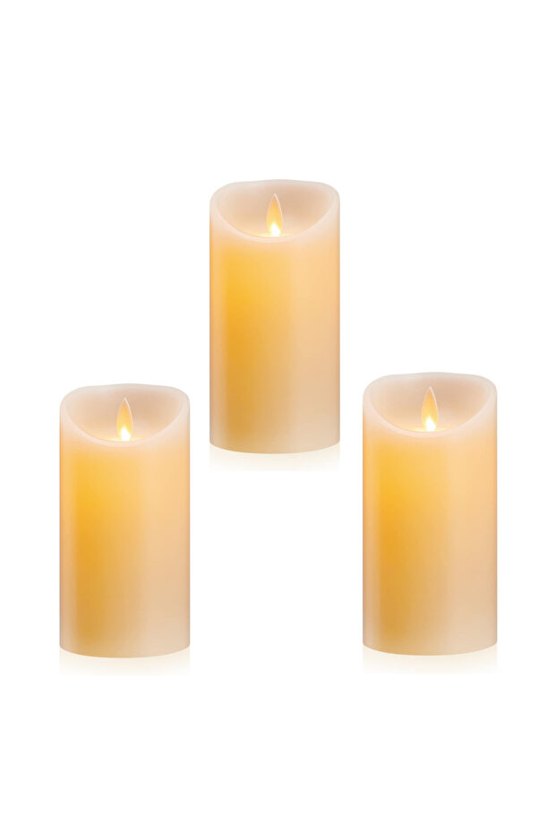 Ivory LED Pillar Candle, Flameless Flickering Flame, Battery Operated for Home Decor, 3pc -7.5x15cm