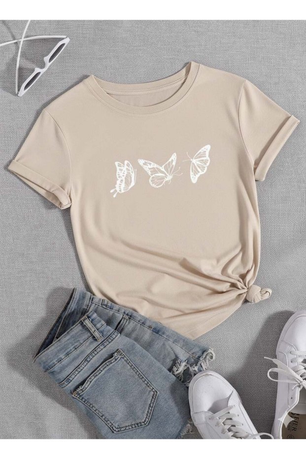 Unisex Beige 3-Piece Butterfly Printed Crew Neck T-Shirt