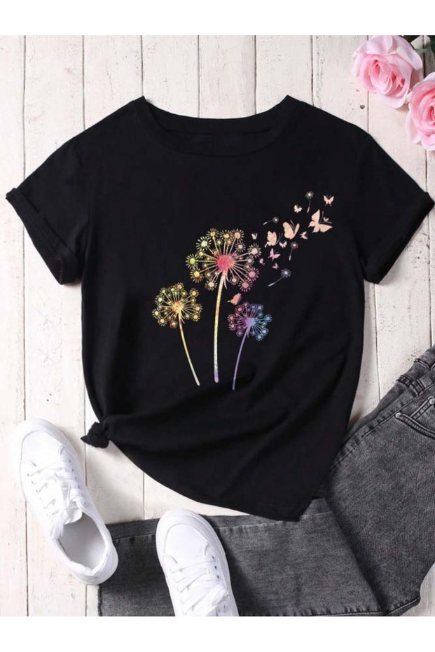 Unisex Black Dandelion Printed Crew Neck T-Shirt