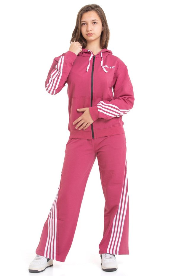 Striped Dri Fit Hooded Girls' 2-Piece Tracksuit Set - Dusty Rose