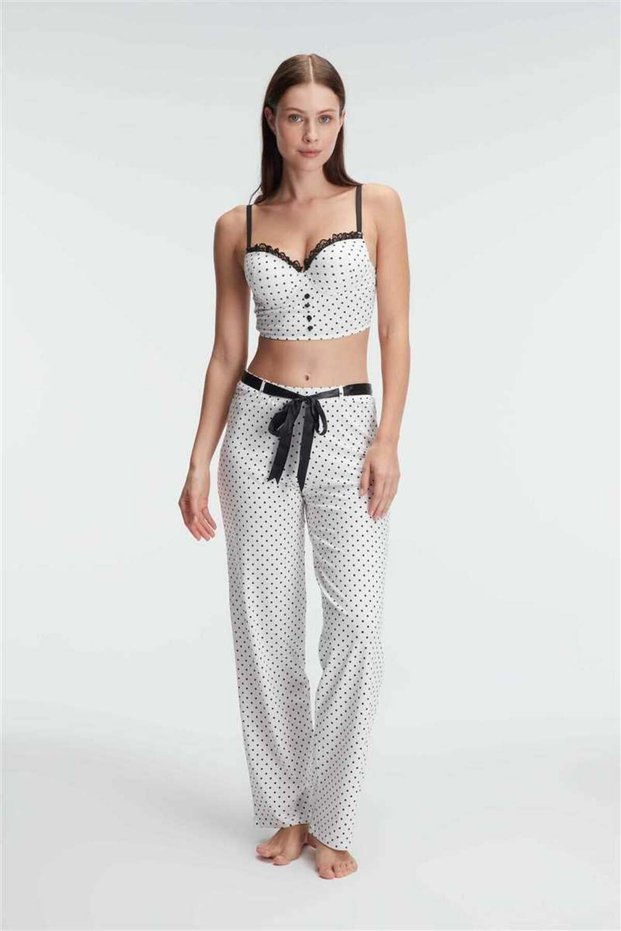 Braletbra Cotton Polka Dot Pattern Unpadded Lace Detail Pajama Set