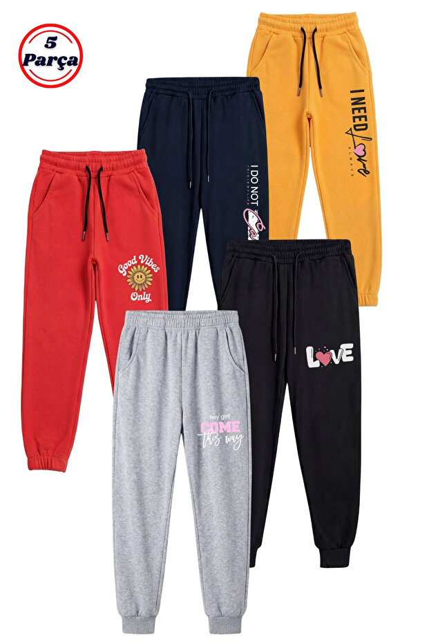Girl's 5-Piece Sweatpants Set – Printed , Elastic Waist, Daily Comfortable Jogger
