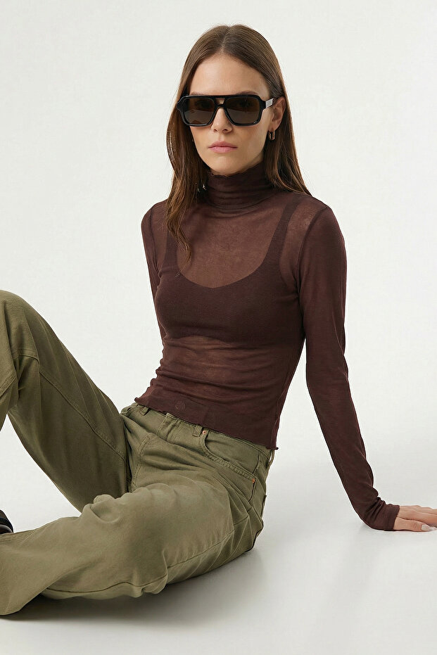 Mock Neck Transparent Knitted Blouse Lzv0046 Brown