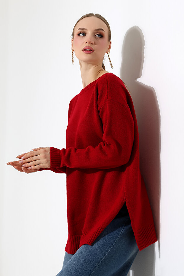 Women's Boat Neck Hem Slit Knitwear Sweater