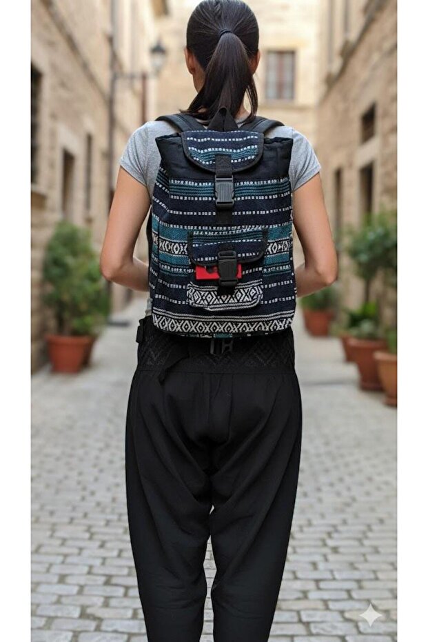 Ethnic Patterned Lined Woven Pocket Backpack - 1