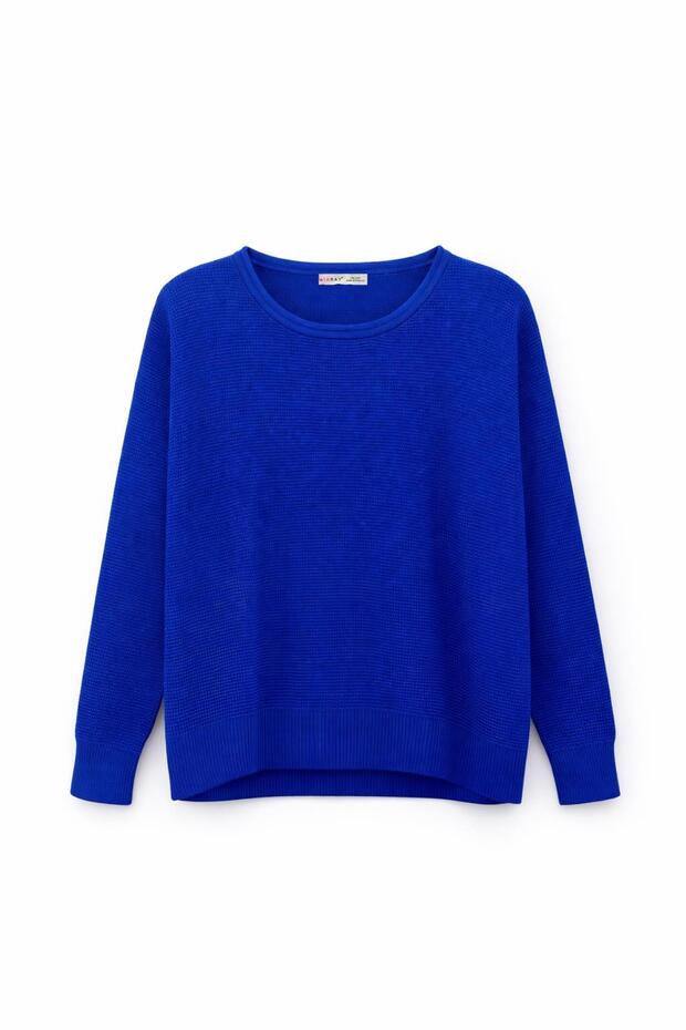 6183 Kadın Nopeli Oversize Triko İnce Basic Kazak Saks Mavi - 1