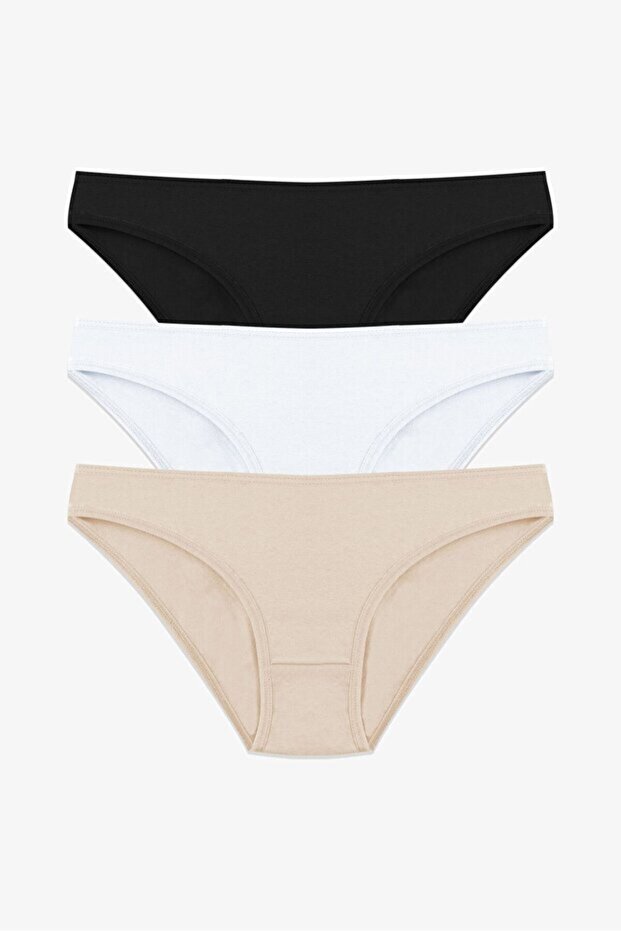 3-Piece Women's Cotton Bikini Panties Set Black-White-Beige