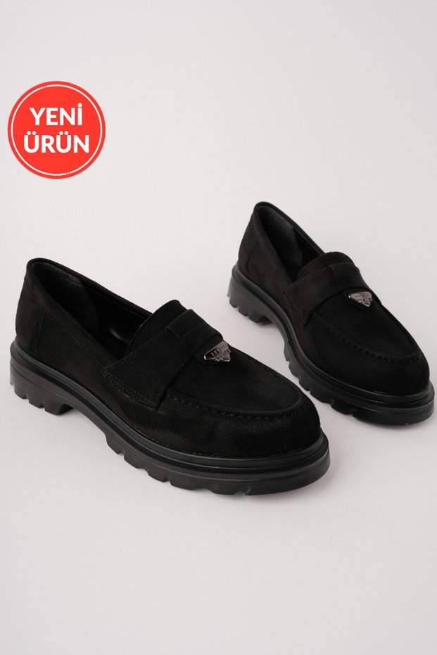 Elora Model Buckle Detailed Black Suede Women's Loafer Casual Shoes