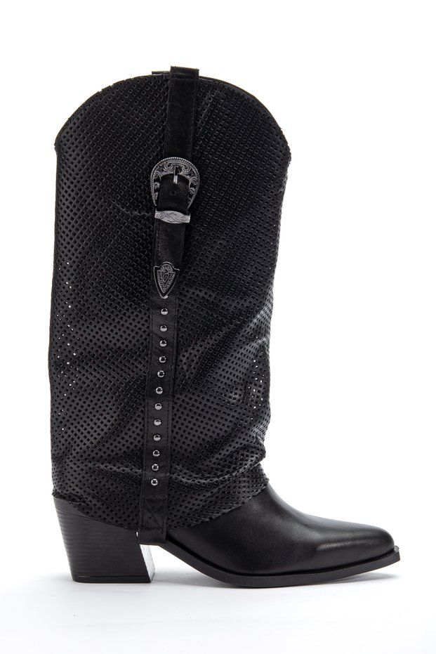 Black Genuine Leather Studded Detail Leg Trousers Western Cowboy Boots