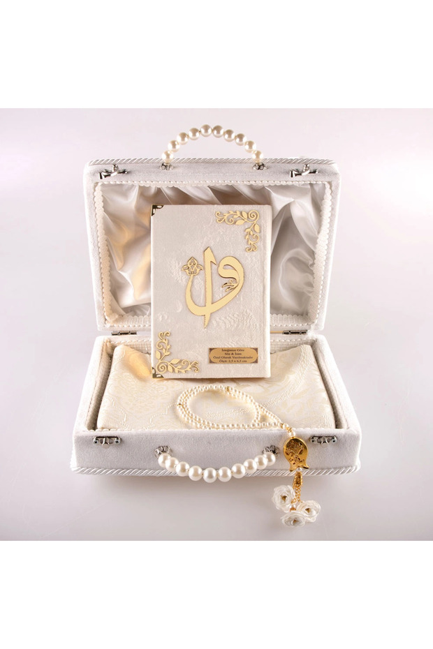 Beaded Box Dowry Set, Prayer Rug + Rosary + Quran Gift Set (Bag Size, White)