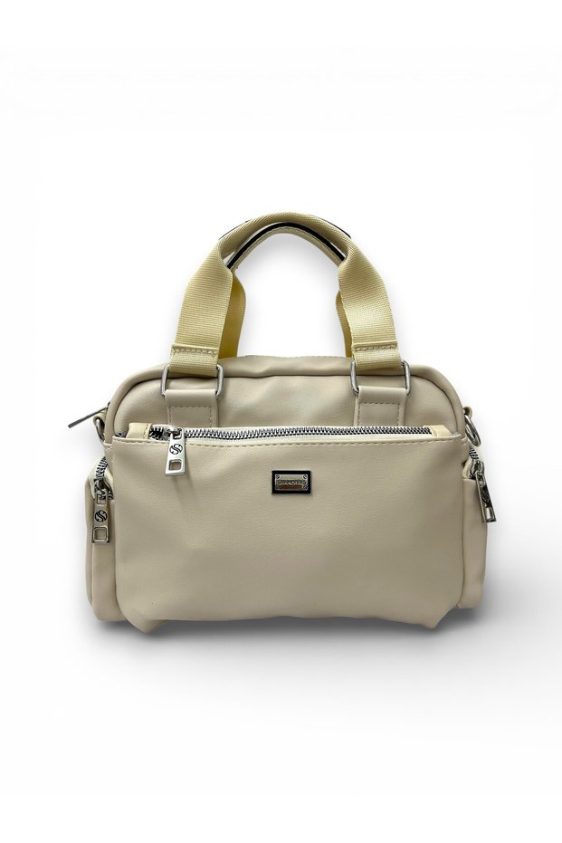 Women's Multi-Compartment Cream Colored Adjustable Crossbody Hand and Shoulder Bag