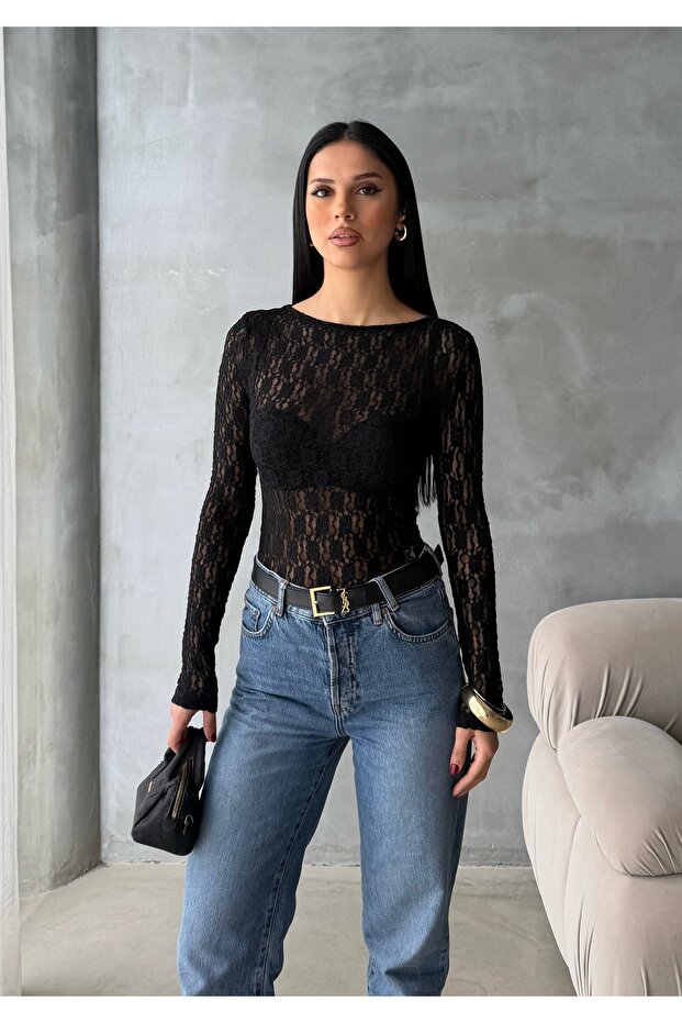 Women's Black Boat Neck Stretch Fabric Lace Blouse
