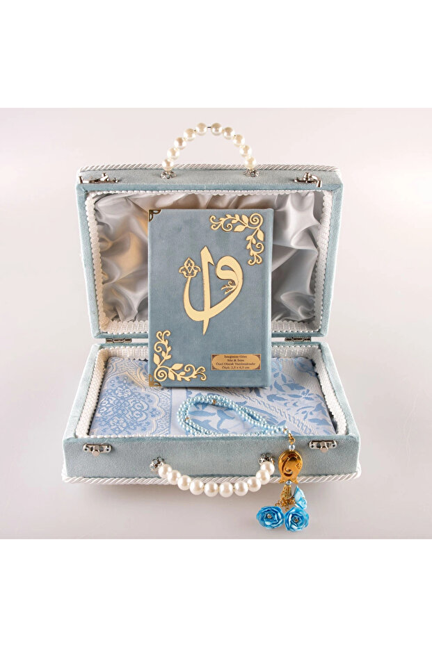 Beaded Box Dowry Set, Prayer Rug + Rosary + Quran Gift Set (Bag Size, Blue)